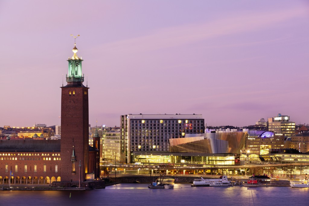 The Stockholm City Hall (left) and the Stockholm Waterfront Congress Center (right).